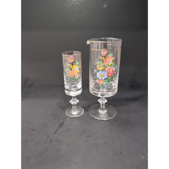 Arcopal‎ Floral Glassware Set, Vintage Pitcher & Glass, French Stemmed Drinkware - Picture 3 of 12